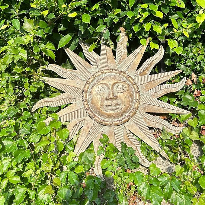 TICKCACY Metal Sun Wall Art Decor Sculpture, 3D Sun Wall Art Decoration Hanging for Outdoor Indoor Garden Farmhouse Yard Patio Living Room Bedroom, 21.65 Inch, Green-gold