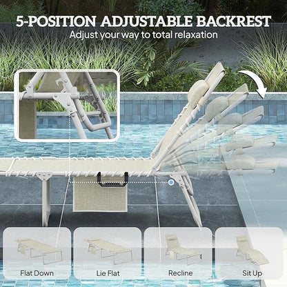 Outsunny Tanning Chair with Face Hole, Side Table, 5-Position Reclining Folding Chaise Lounge Chair Outdoor Lounger Recliner, Carry Straps for Beach Pool Camp, Breathable Mesh, Beige