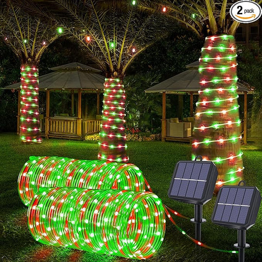 Solar Rope Lights, 2 Packs Total 132ft 400LED Solar String Lights, 8 Modes Waterproof Solar Powered Outdoor Light, Flexible Clear Tube Light for Garden Yard Patio Deck Porch Tree Xmas Decor -Red&Green