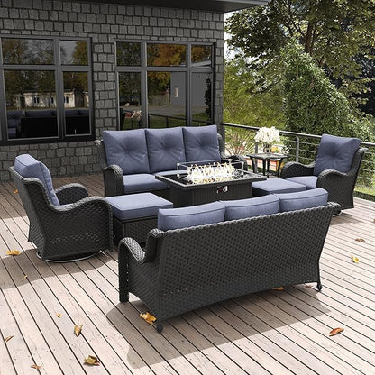 LayinSun 8 Pieces Outdoor Patio Furniture Set with Fire Pit Table, Rattan Wicker Sectional Swivel Rocker Chairs Sets with Ottomans, Swivel Glider Chair and Coffee Table