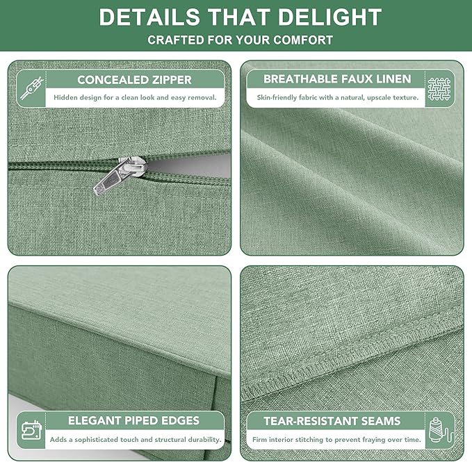 Summsun Outdoor Cushions for Patio Furniture, Faux Linen Water Resistant Backrest and Deep Seat Cushion Set with Removable Cover, Ties, Non-Slip Bottom, 22 x 22 Inch, Sage Green