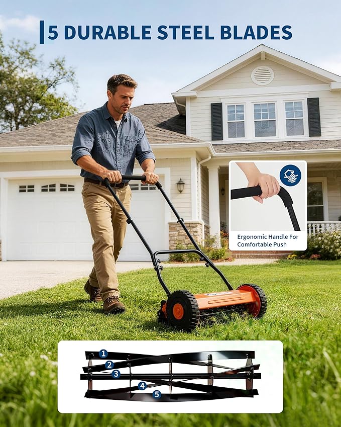 Garvee 16" Push Reel Lawn Mower, 5-Blade Manual Walk-Behind Lawn Mower with Adjustable Cutting Height, Compact Push Mower for Small Yards, Orange
