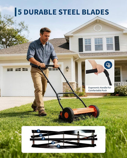 Garvee 16" Push Reel Lawn Mower, 5-Blade Manual Walk-Behind Lawn Mower with Adjustable Cutting Height, Compact Push Mower for Small Yards, Orange