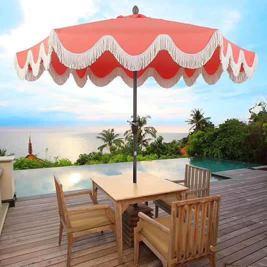 JONATHAN Y UMB1001 Collins 9 ft. Classic Cottage Tassel Market Patio Umbrella with Auto-Tilt, Crank, Wind Vent and UV Protection