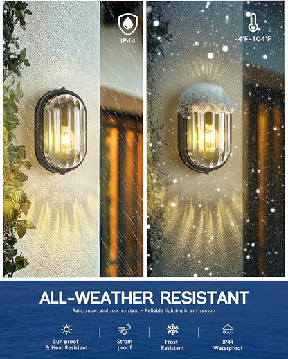 FEMILA 11" Oval Bulkhead Exterior Wall Sconce, Modern Outdoor Wall Lantern, Aluminum, Ripple Glass, IP44, E26, Front Porch Light for Patio/Garage/Entry, 4FYX104FL BK SW