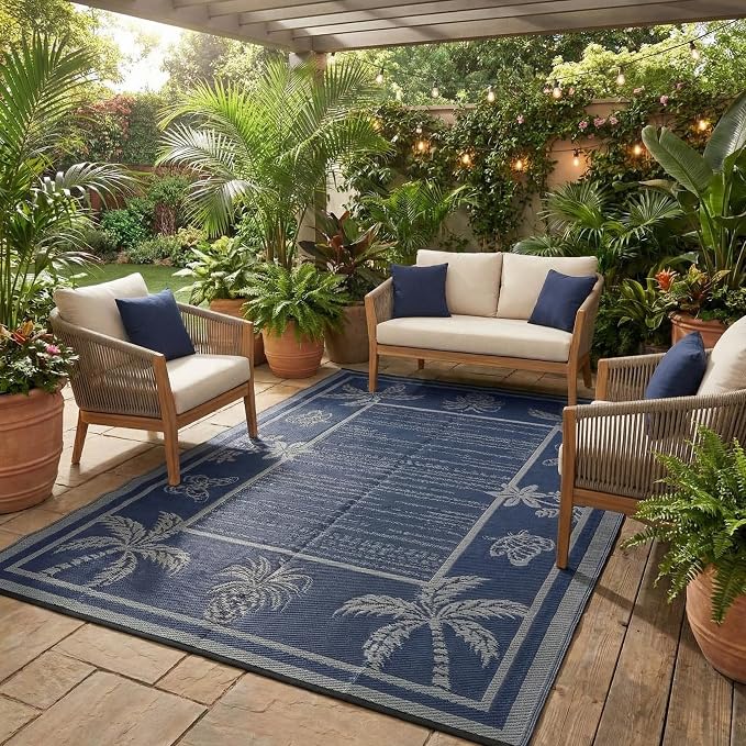 Garvee Outdoor Rug 5x8 Waterproof for Patios, Reversible Plastic Straw Rug, Tropical Leaf Indoor Outdoor Rugs, Large Area Rug for RV, Camping, Deck, Picnic Mat, Outside Carpet, Navy & Grey
