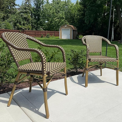 PURPLE LEAF Bistro Chair (Set of 2) French Hand-Woven Wicker Armchairs for Outdoor Patio Porch Garden Indoor, Bamboo Print Finish, Coffee, Dining Chairs