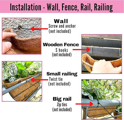 LaLaGreen Wall Hanging Planters, 6 Pack, 12 Inch Balcony Flower Baskets with Coco Liner Outside, Outdoor Vertical Garden, Fence Pots Holder Half Round Semi Circle Rail Railing Deck Porch Balcony Patio