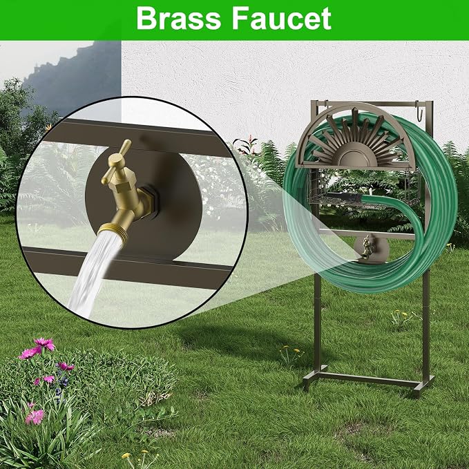 GOFORWILD Garden Hose Holder with Brass Faucet, Freestanding Water Hose Stand with Storage Basket, Detachable Heavy Duty Hose Reel Hanger Holds 150-Feet Hose for Outside Patio Yard Lawn