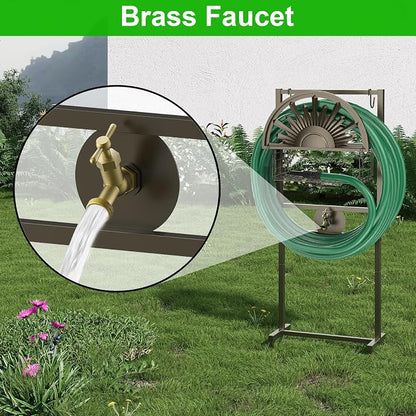 GOFORWILD Garden Hose Holder with Brass Faucet, Freestanding Water Hose Stand with Storage Basket, Detachable Heavy Duty Hose Reel Hanger Holds 150-Feet Hose for Outside Patio Yard Lawn