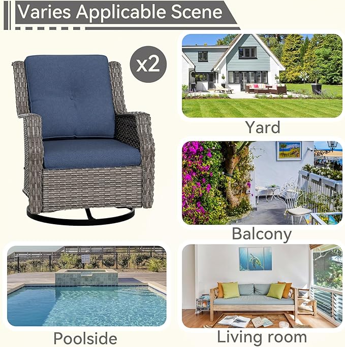 Swivel Patio Chair Outdoors - 360 Degree, Set of 2, Glider Chair with 3.5" Olefin Fabric Cushions (Mixed Grey Rattan/Navy)