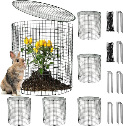 Hiboom 6 Set Garden Plant Protectors from Animals with Stakes, Metal Mesh and Detachable Covers Wire Plant Cage for Keeping Bunny Animals Out, Chicken Wire Cover Garden Protection (12x13)