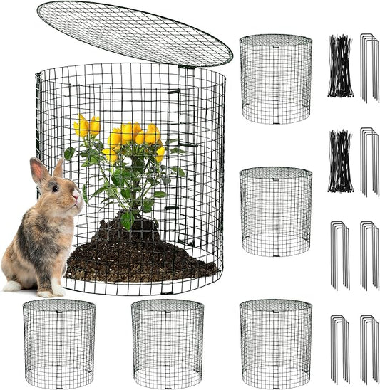 Hiboom 6 Set Garden Plant Protectors from Animals with Stakes, Metal Mesh and Detachable Covers Wire Plant Cage for Keeping Bunny Animals Out, Chicken Wire Cover Garden Protection (12x13)