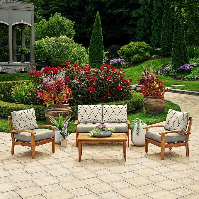 Arden Outdoor Plush Modern Tufted Blowfill Deep Seat Set, 24 x 24, Rain-Proof, Fade Resistant, Deep Seat Bottom and Back Cushion, Tan Diamond Trellis