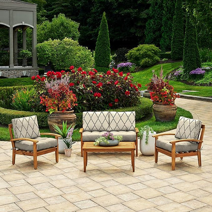 Arden Outdoor Plush Modern Tufted Blowfill Deep Seat Set, 24 x 24, Rain-Proof, Fade Resistant, Deep Seat Bottom and Back Cushion, Tan Diamond Trellis