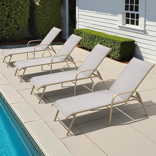 Crestlive Products Chaise Lounge Chair Outdoor with Armrests, Pool Lounge Chairs Set of 4, Aluminum Adjustable 5 Positions Sun Tanning Lounger for Patio, Poolside, Yard, Deck, Backyard (Mix Color)