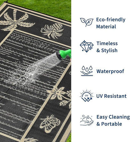Garvee Outdoor Rug 9x12 Waterproof for Patios, Reversible Plastic Straw Rug, Tropical Leaf Indoor Outdoor Rugs, Large Area Rug for RV, Camping, Deck, Picnic Mat, Outside Carpet