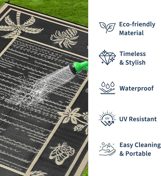 Garvee Outdoor Rug 9x12 Waterproof for Patios, Reversible Plastic Straw Rug, Tropical Leaf Indoor Outdoor Rugs, Large Area Rug for RV, Camping, Deck, Picnic Mat, Outside Carpet