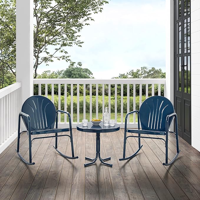 Crosley Furniture Griffith 3-Piece Outdoor Rocking Chair and Side Table Set, Retro Metal Bistro Patio Sets, Navy Gloss