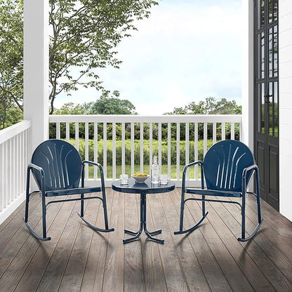Crosley Furniture Griffith 3-Piece Outdoor Rocking Chair and Side Table Set, Retro Metal Bistro Patio Sets, Navy Gloss