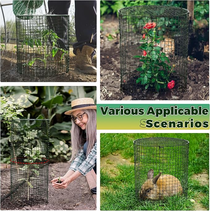 Hiboom 4 Set Garden Plant Protectors from Animals with Stakes, Metal Mesh and Detachable Covers Wire Plant Cage for Keeping Bunny Animals Out, Chicken Wire Cover Garden Protection (15.7x13)