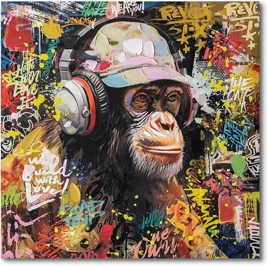 Modern Pop Art Monkey Canvas Wall Art, Street Graffiti Gorilla Canvas Painting, Abstract Banksy Listening To Music Monkey Posters Wall Art Living Kids Room Home Decoration, Ready to Hang 20 x20 IN