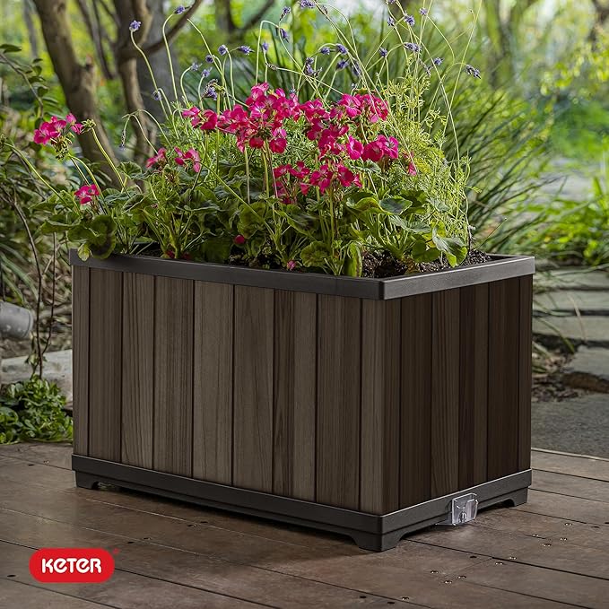 Keter Signature 21.7 Inch Tall Rectangular Large Wood Look Planter for Indoor or Outdoor Flower Pot Ideal for Patio Deck and Front Porch Decor, Rosewood