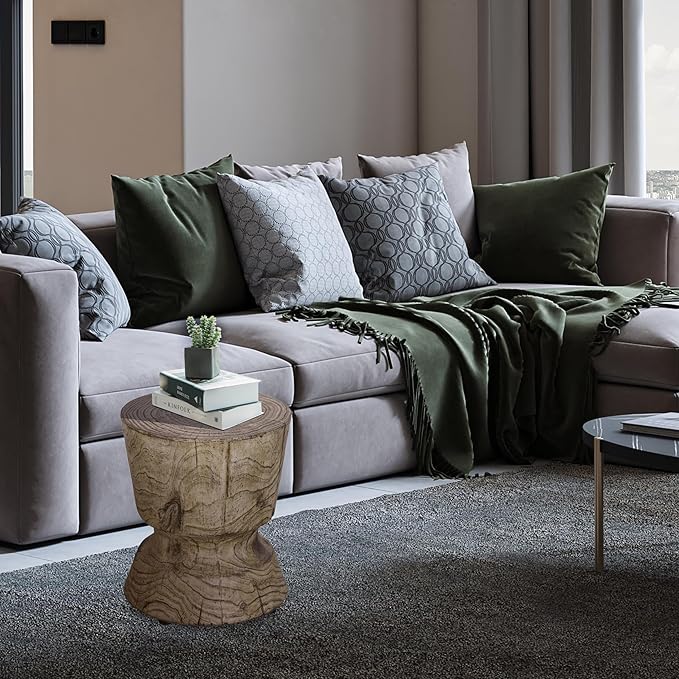 Afterglow Terrafab Material Round Side Table, Natural Wood Look Decorative Garden Stools for Living Room Bedroom Patio Home Decor,Wood Grain Grey