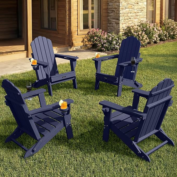 Adirondack Chairs Set of 4, Foldable Adirondack Chairs with 2 Cup Holder, Wood Texture HDPE Fire Pit Chairs, Outdoor Lawn Chair for Patio Garden, Dark NavyBlue