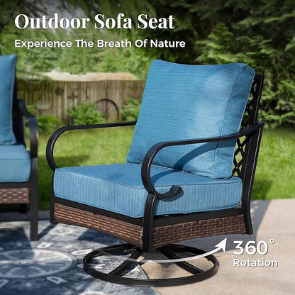 Patio Furniture Set with Firepit Table, Black Frame Outdoor Conversation Set with 2 x Fixed Chairs, 2 x Swivel Chairs, 1 x 3-Seat Sofa for Lawn Garden Backyard, Pacific Blue