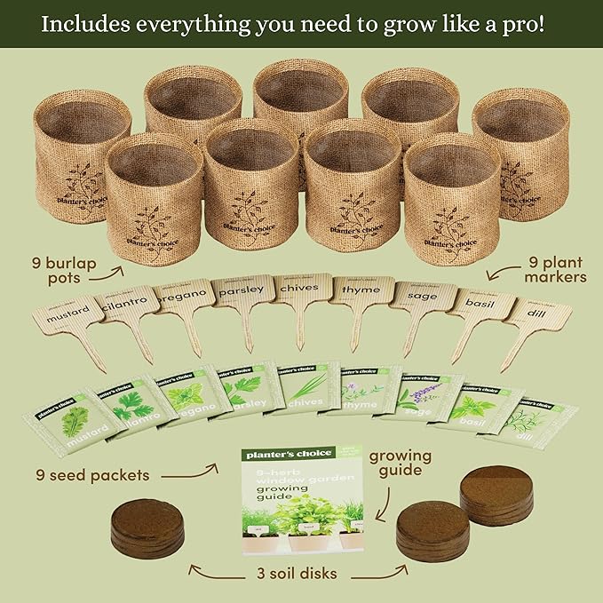 Planters' Choice 9 Herb Indoor Window Garden Kit - Birthday Gifts - House Plants Seeds - Best Unique Gift Ideas for Women, Mom, Friend, Her, Housewarming, Mother - Live Plant Starter, Gardening Lovers