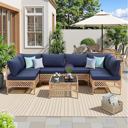 FHFO 7 Piece Outdoor Wicker Patio Furniture Set, Rattan Sectional Sofa Couch, Patio Conversation Set with Cushion & Coffee Table, for Backyard Poolside Porch Garden, Yellow/Blue