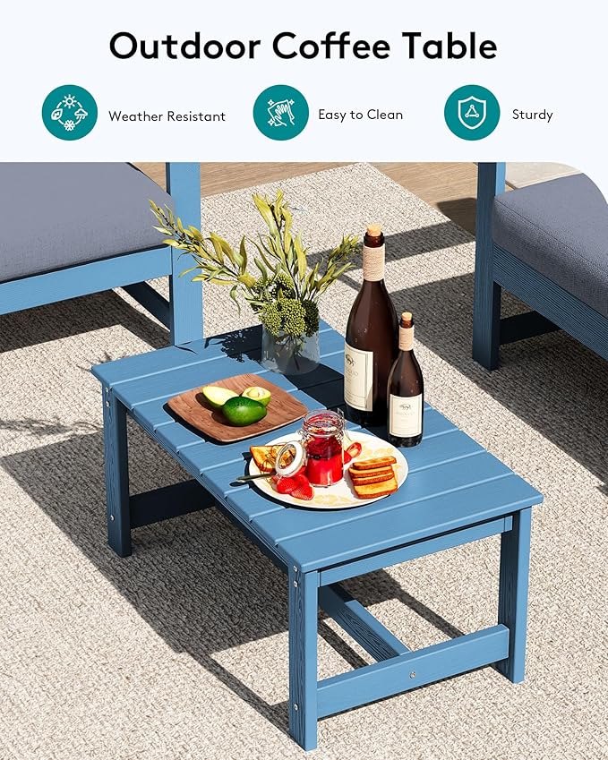 SERWALL 5 Pieces HDPE Outdoor Sofa Set with Cushions, All Weather Couch Conversation Set, Loveseat Social Furniture Chairs with Coffee Table, Blue Frame with Grey Cushions