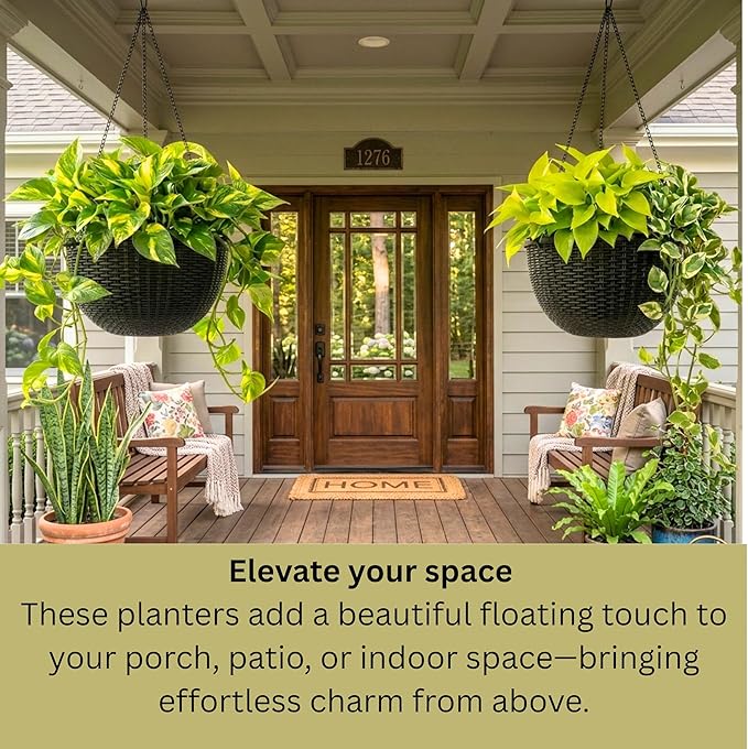 LaLaGreen Indoor Hanging Planter (11 Inch, 1 Pack) Self-Watering Round Basket with Water Level Indicator, Rattan Style Flower Pot Black Metal Chain for Deck Porch Patio Garden Balcony Outdoor Decor