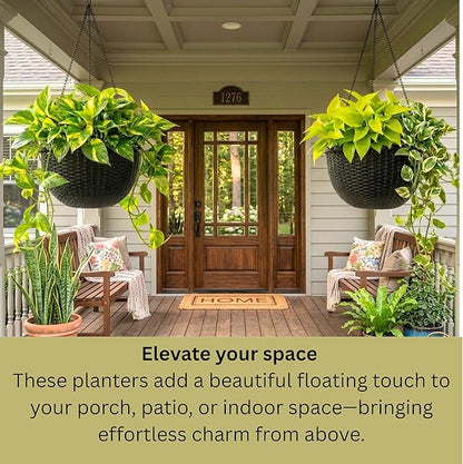 LaLaGreen Hanging Planters for Indoor Plants (11 Inch, 3 Pack) Self-Watering Round Rattan Style Hanging Flower Pots with Water Level Indicator, Black Metal Chain Baskets for Porch Garden Balcony Decor