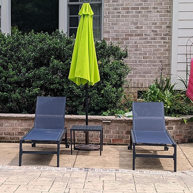 PURPLE LEAF Patio Chaise Lounge Set 2 Pieces Textilene Pool Lounge Chairs with Wheels Sunbathing Chair for Outdoor Yard (2 Navy Blue Lounges W/Side Table)