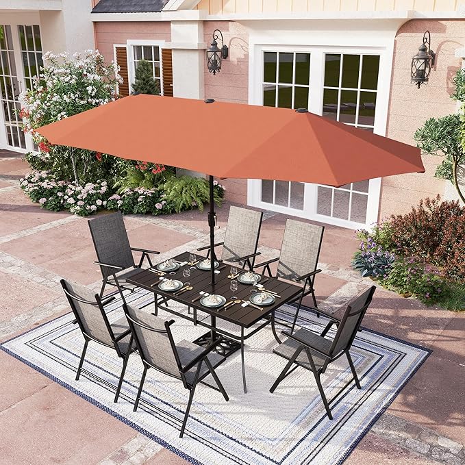 PHI VILLA 7 Piece Outdoor Dining Set with Umbrella, Patio Dining Set with Outdoor Table and Chairs Set, Ajustable Grey Folding Patio Chairs (No Assemble)