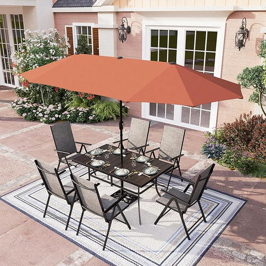 PHI VILLA 7 Piece Outdoor Dining Set with Umbrella, Patio Dining Set with Outdoor Table and Chairs Set, Ajustable Grey Folding Patio Chairs (No Assemble)