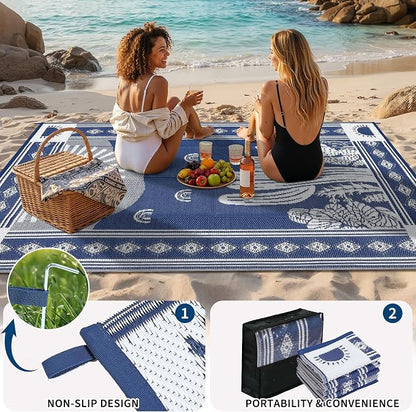 Garvee Reversible Cactus Outdoor Rug 8x10 for Patio, Waterproof Outdoor Area Rug, Modern Desert Botanical Indoor Outdoor Rugs, Plastic Straw Rug for RV, Camping, Deck, Navy Blue & Beige