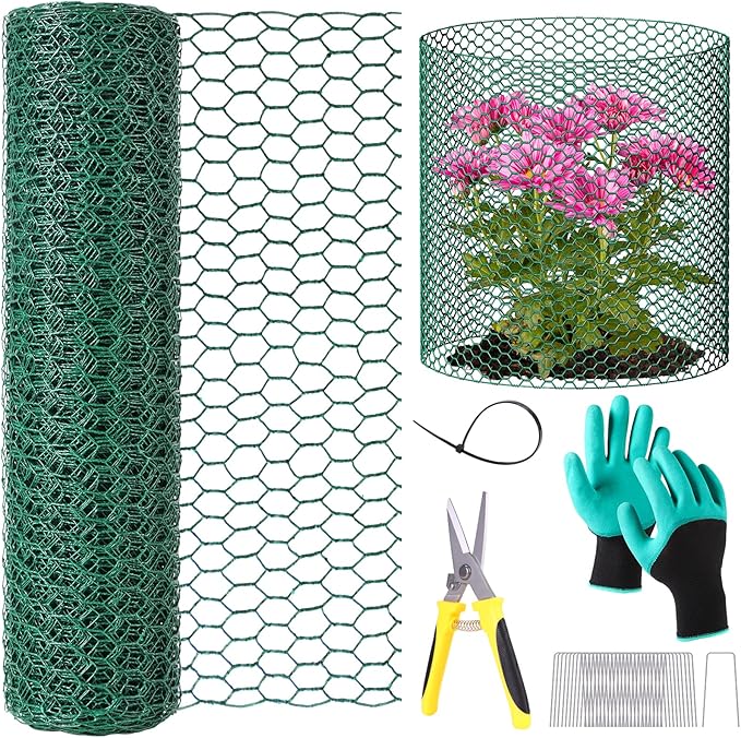 32.8ftx12In Plant Protectors from Animals,Plant Cages for Outdoor Plants,Wire Plant Protector Cage,Wire Plant Protector,Chicken Wire Cloche with Ground Stakes & Nylon Ties Protect Plants from Animals