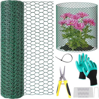 32.8ftx12In Plant Protectors from Animals,Plant Cages for Outdoor Plants,Wire Plant Protector Cage,Wire Plant Protector,Chicken Wire Cloche with Ground Stakes & Nylon Ties Protect Plants from Animals