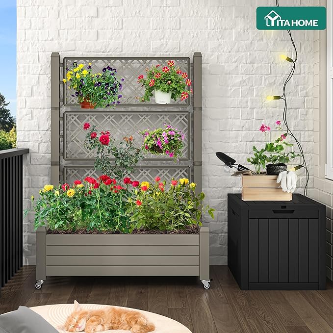YITAHOME 43.3x17.7x61 in Planter Boxes Outdoor with Trellis, Resin Raised Garden Bed with Wheels & Drain Plug for Climbing Plants, Weather-Resistant Design Elevated Garden Bed with Trellis, Brown