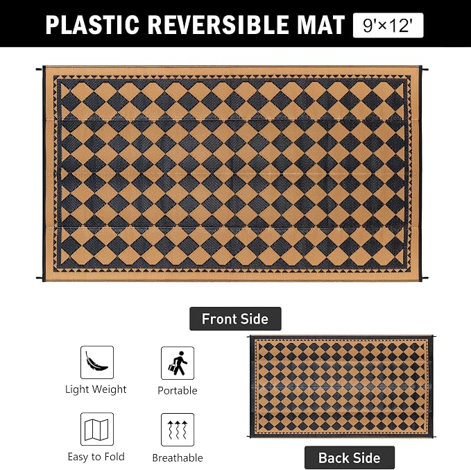 HUGEAR Outdoor Waterproof Rug 9'x12' Plastic Straw Rugs Washable Reversible Floor Mat Brown Plaid Carpet for Camping RV Deck Entryance Porch Picnic Balcony Beach Backyard