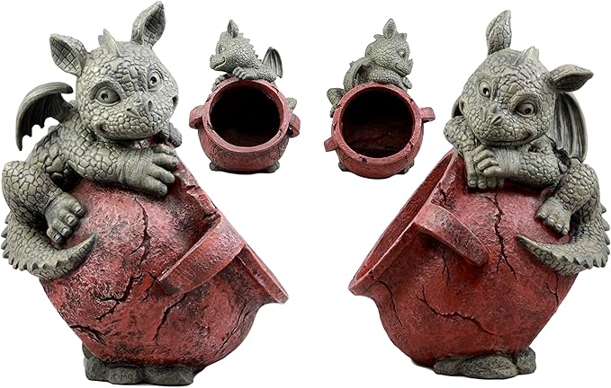 Ebros Gift Set of Two Playful Climbing Dragon Babies Planter Pot Mythical Fantasy Home Patio Garden Decor Resin Statue