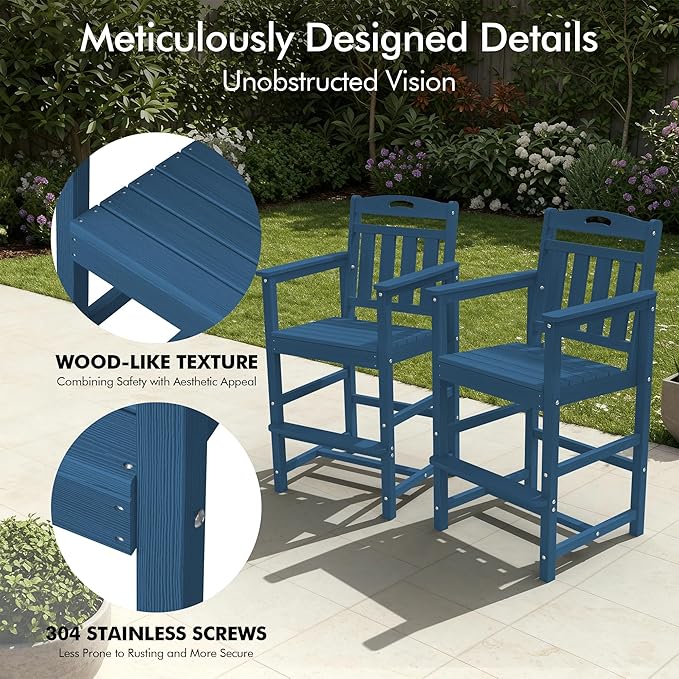 Ciokea Oversized Tall Bar Chair, HDPE Adirondack Outdoor Bar Chair with Footrest, All-Weather Barstool with High Back for Balcony, Bistro, Porch, Deck, Pool, Backyard, Navy Blue