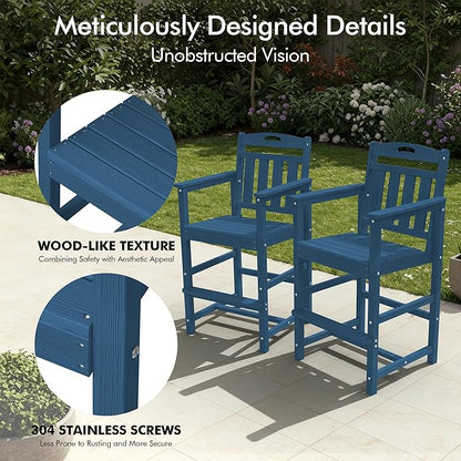 Ciokea Oversized Tall Bar Chairs Set of 2, HDPE Adirondack Outdoor Bar Chairs with Footrest, All-Weather Barstools with High Back for Balcony, Bistro, Porch, Deck, Pool, Backyard, Navy Blue