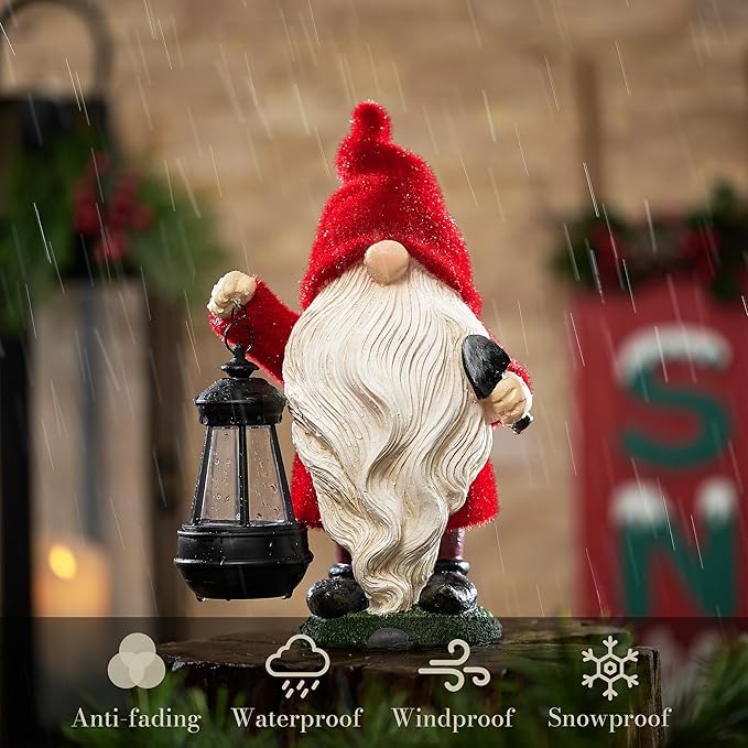 TERESA'S COLLECTIONS Christmas Decorations,Christmas Gnomes Holding Lantern with Solar Light, Waterproof Resin Xmas Decorations Outdoor, Xmas Gifts Outdoor/Indoor,12"
