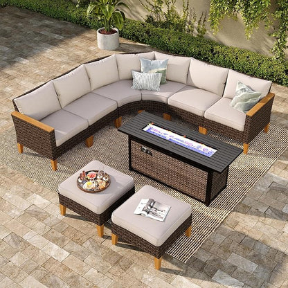 PHI VILLA 8-Piece Curved Patio Furniture Set with Fire Pit Table, Outdoor Wicker Half-Moon Sectional Sofa with Cushions, 56” Gas Fire Pit Table and Ottomans, Beige