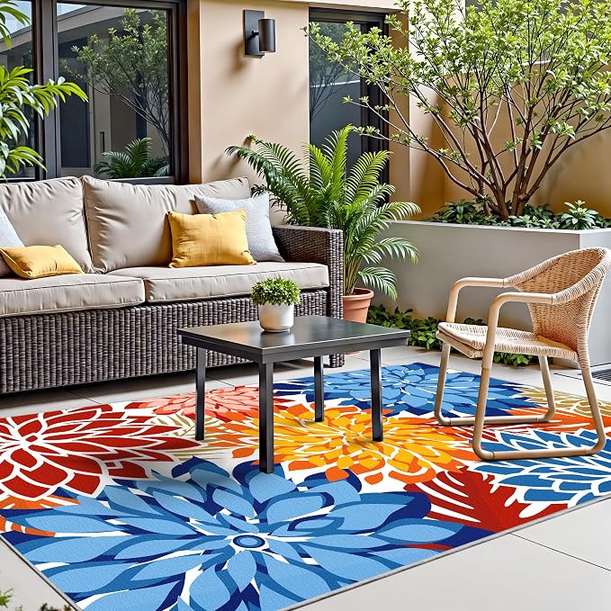 Colorful 9x12 Outdoor Area Rug Washable Multicolored Patio Rug Tropical Botanical Floral Chenille Waterproof Outdoor Carpet Non-Slip for Deck, Backyard, Porch, Vivid Dahlia