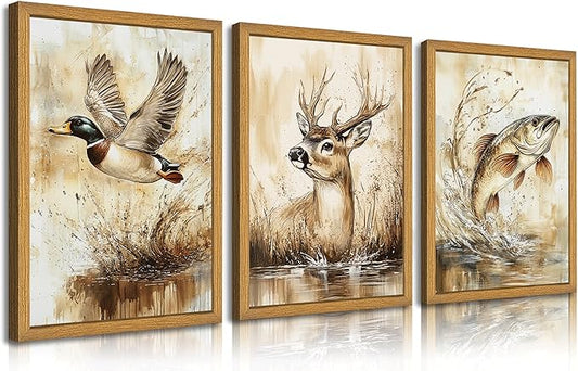 3Pcs Framed Rustic Outdoor Wildlife Canvas Wall Art,Watercolor Deer Duck And Fish Wall Decor Pictures,Vintage Farmhouse Hunting Posters Prints,for Living Room Bathroom Kitche Home Decoration